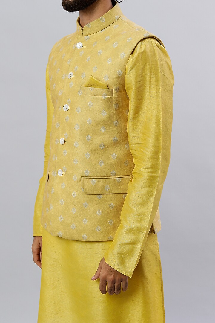 Yellow Velvet Digital Printed Nehru Jacket Set by ALOUKIK at Pernia's Pop Up Shop
