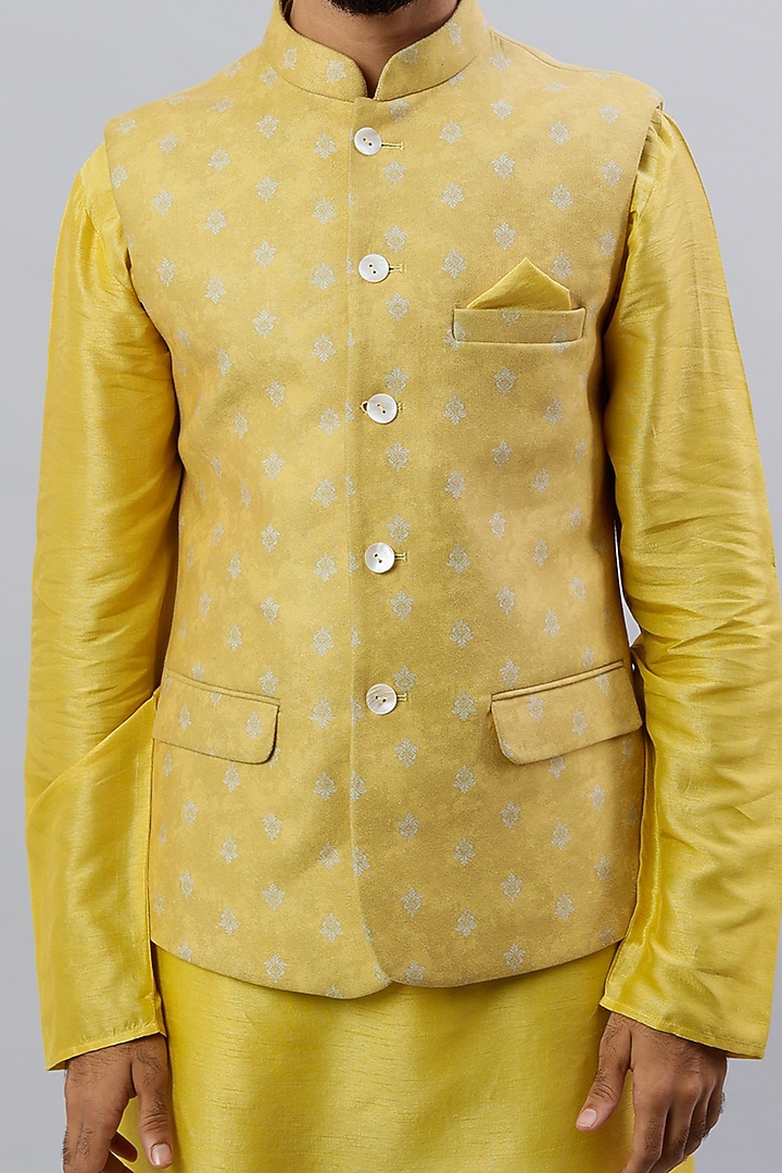 Yellow Velvet Digital Printed Nehru Jacket Set by ALOUKIK at Pernia's Pop Up Shop
