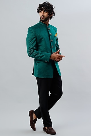 Turquoise Velvet Bandhgala Set by SAMMOHAN