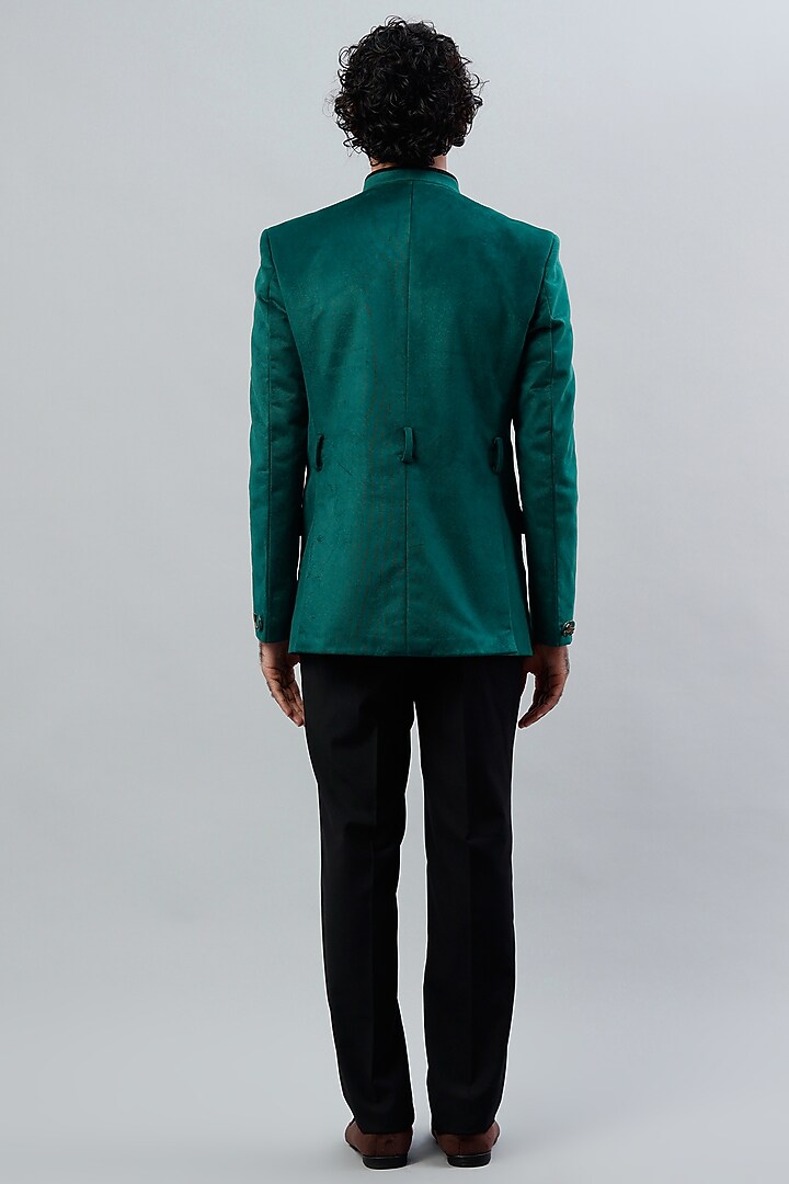 Turquoise Velvet Bandhgala Set by SAMMOHAN at Pernia's Pop Up Shop