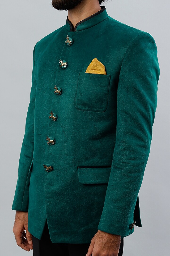Turquoise Velvet Bandhgala Set by SAMMOHAN at Pernia's Pop Up Shop
