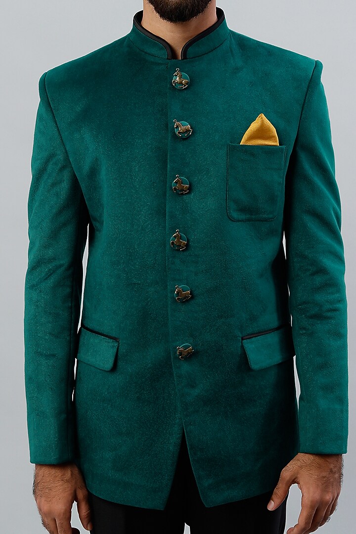 Turquoise Velvet Bandhgala Set by SAMMOHAN at Pernia's Pop Up Shop