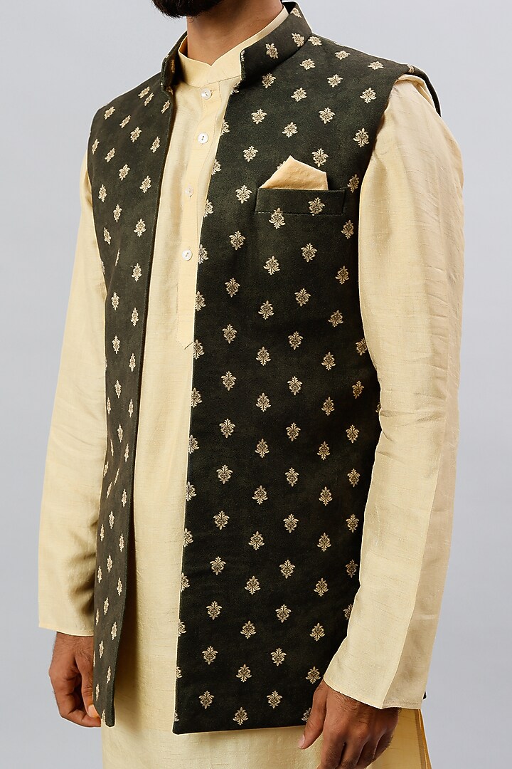 Dark Olive Printed Wedding Indowestern Set by ALOUKIK at Pernia's Pop Up Shop