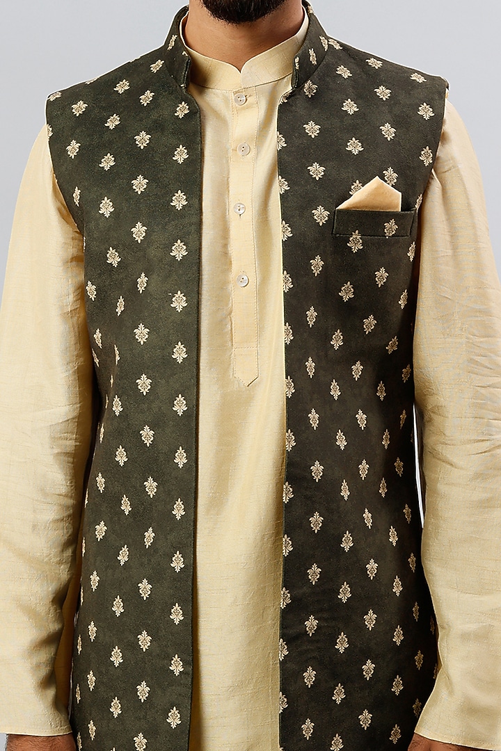 Dark Olive Printed Wedding Indowestern Set by ALOUKIK at Pernia's Pop Up Shop
