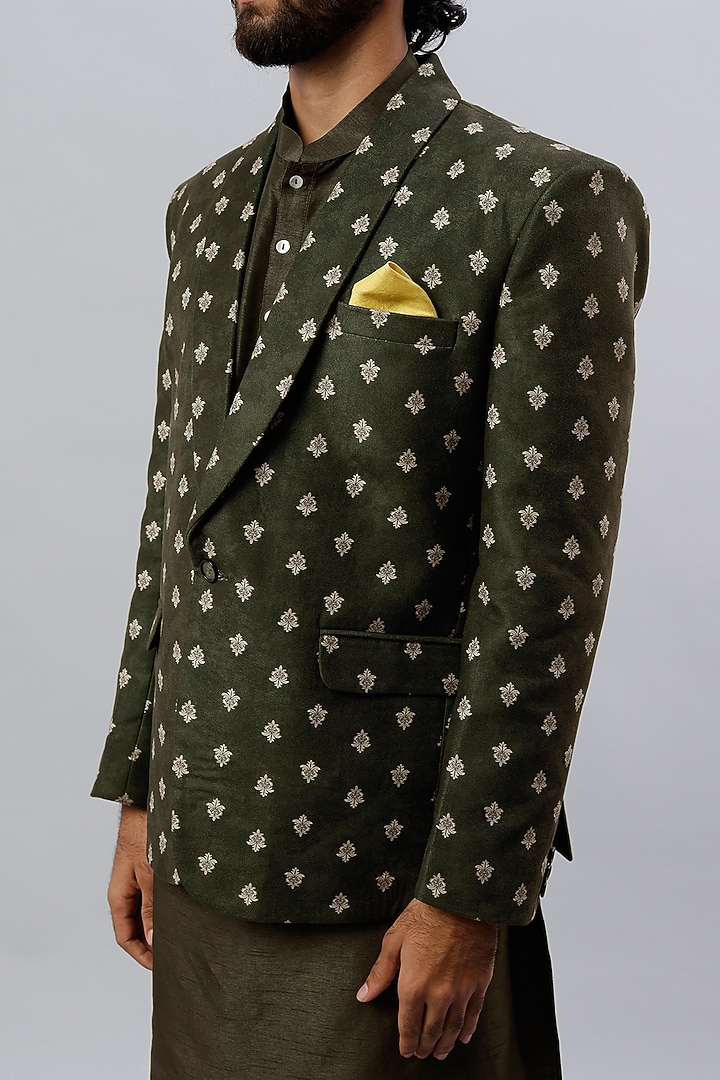 Dark Olive Velvet & Viscose Silk Digital Printed Blazer Set by ALOUKIK at Pernia's Pop Up Shop