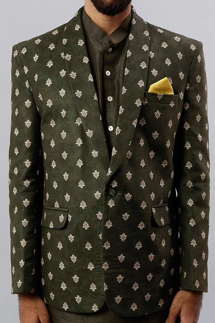 Dark Olive Velvet & Viscose Silk Digital Printed Blazer Set by ALOUKIK at Pernia's Pop Up Shop