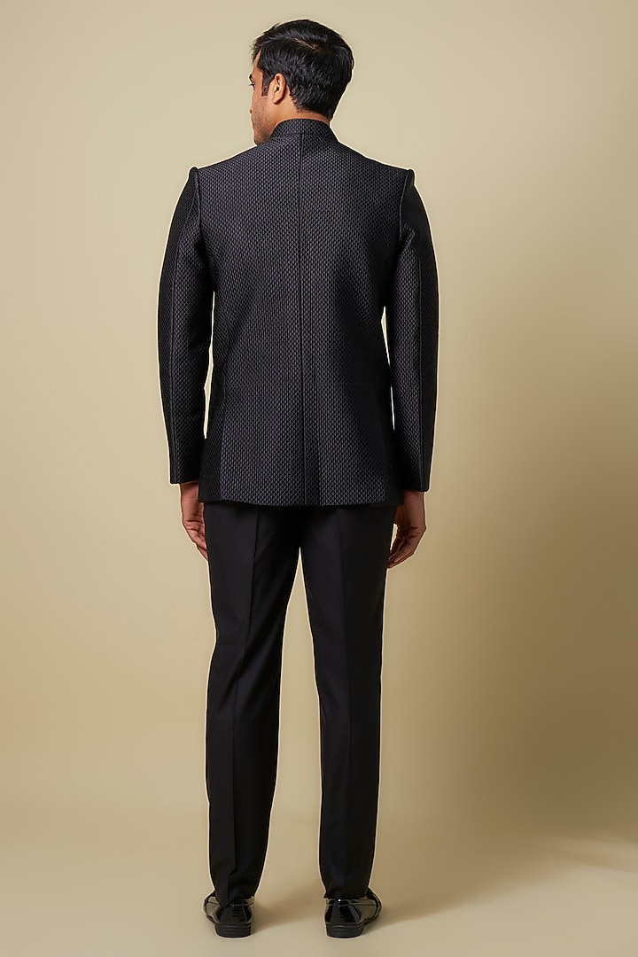 Black Raw Silk Hand & Machine Embroidered Wedding Bandhgala Set by SAMMOHAN at Pernia's Pop Up Shop