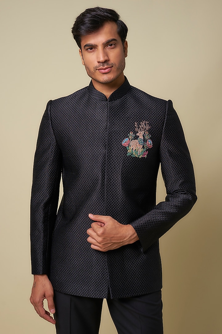 Black Raw Silk Hand & Machine Embroidered Wedding Bandhgala Set by SAMMOHAN at Pernia's Pop Up Shop