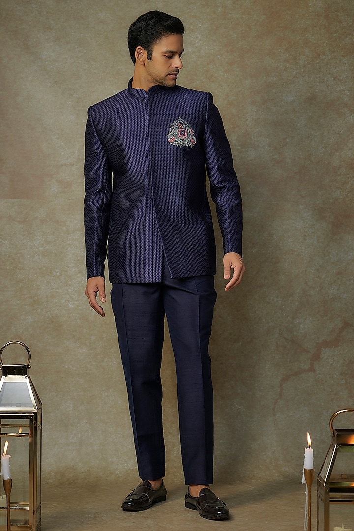 Navy Raw Silk Hand & Machine Embroidered Bandhgala Set by SAMMOHAN at Pernia's Pop Up Shop