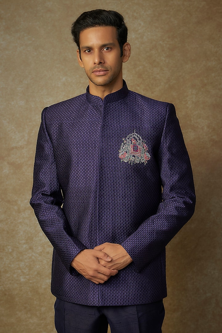 Navy Raw Silk Hand & Machine Embroidered Bandhgala Set by SAMMOHAN at Pernia's Pop Up Shop