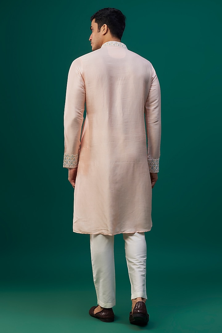 Peach Tussar Resham Hand & Machine Embroidered Kurta Set by SAMMOHAN at Pernia's Pop Up Shop