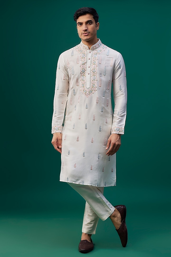 Ivory Tussar Resham Hand & Machine Embroidered Kurta Set by SAMMOHAN