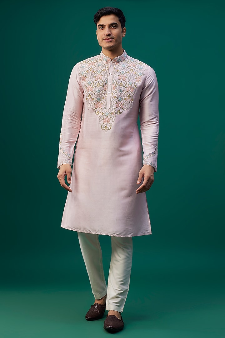 Baby Pink Tussar Resham Hand & Machine Embroidered Kurta Set by SAMMOHAN at Pernia's Pop Up Shop