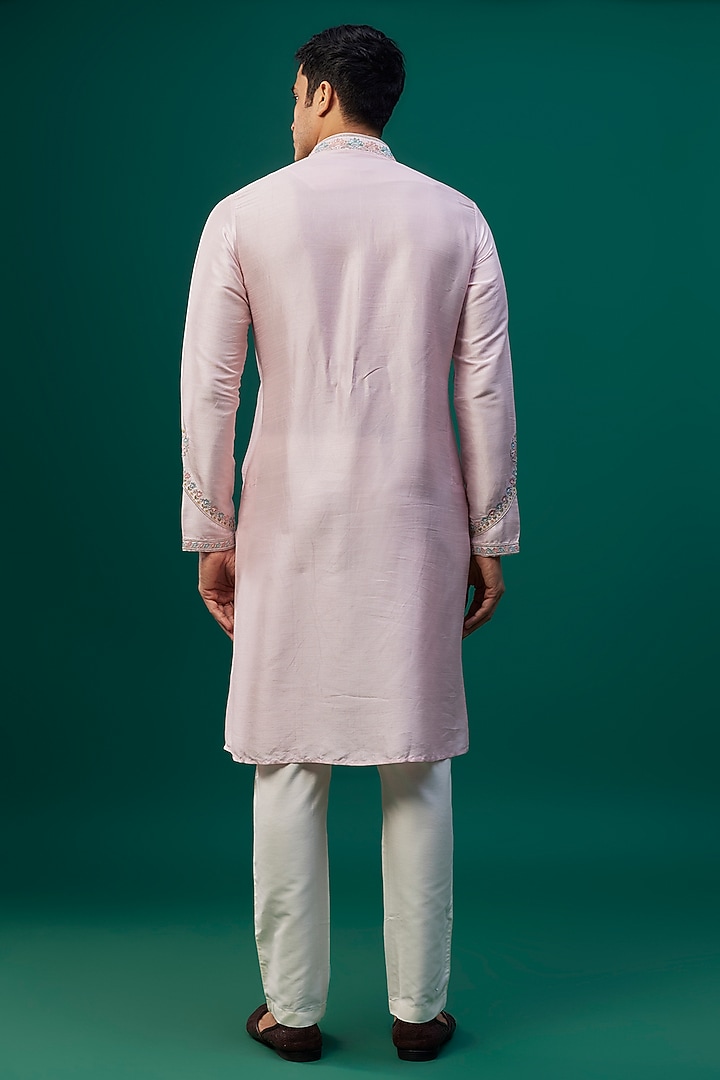 Baby Pink Tussar Resham Hand & Machine Embroidered Kurta Set by SAMMOHAN at Pernia's Pop Up Shop