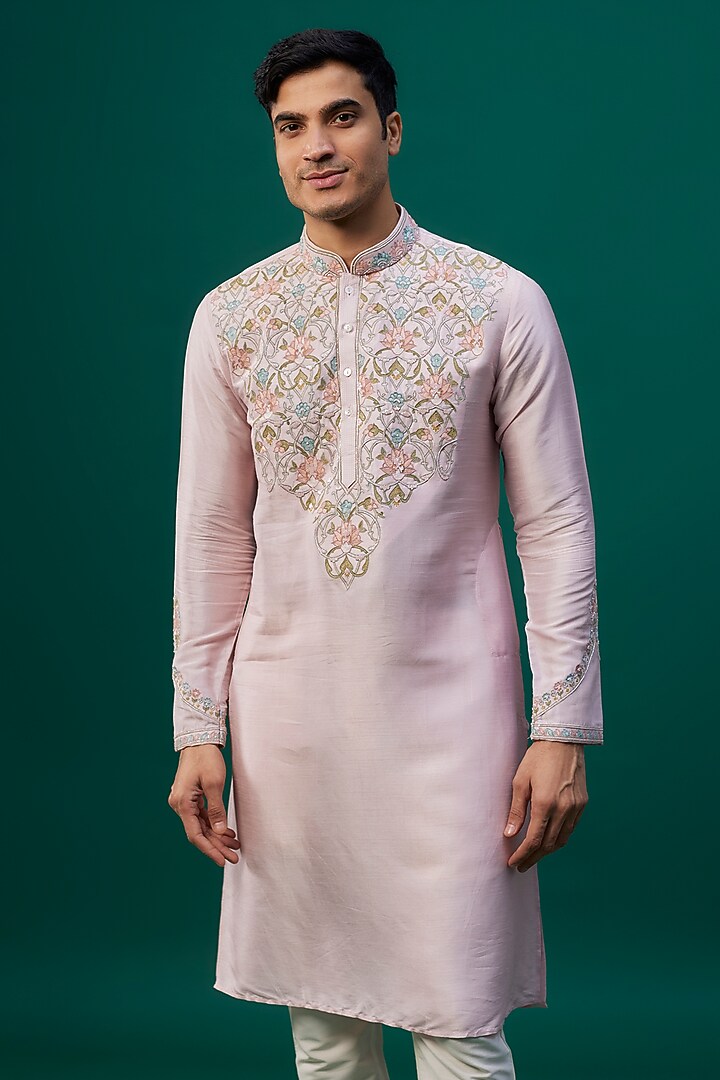 Baby Pink Tussar Resham Hand & Machine Embroidered Kurta Set by SAMMOHAN at Pernia's Pop Up Shop