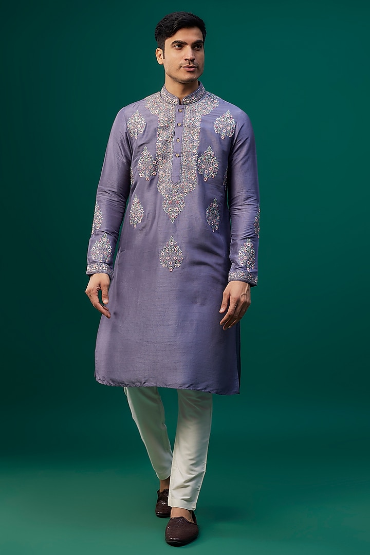 Grey Tussar Resham Hand & Machine Embroidered Kurta Set by SAMMOHAN