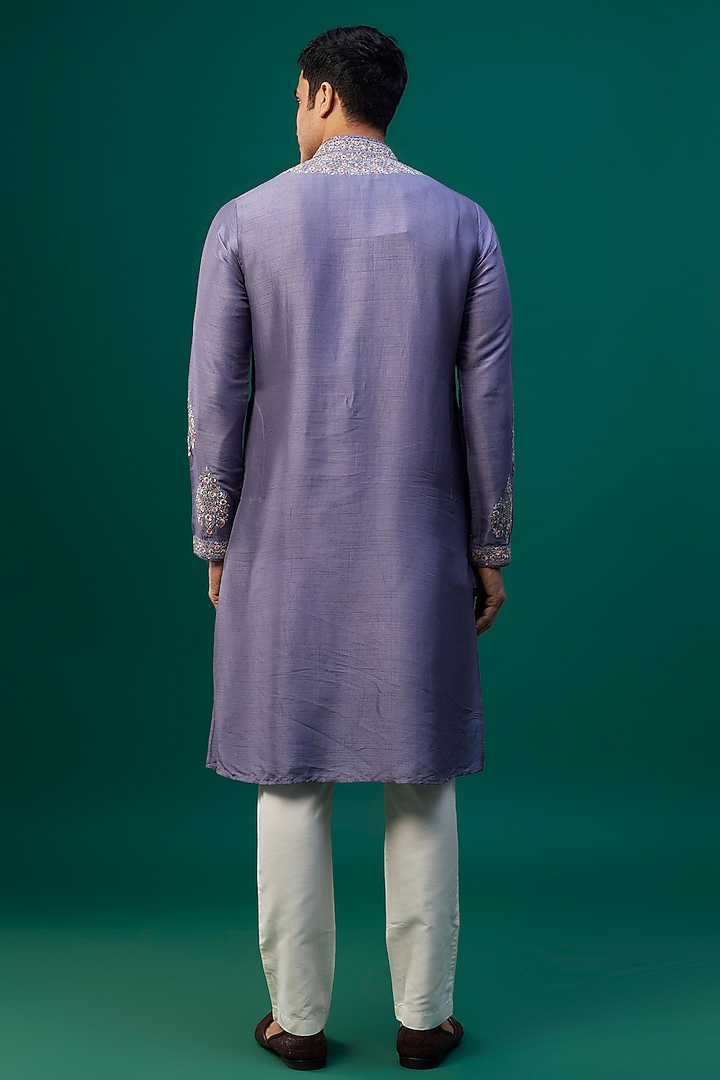 Grey Tussar Resham Hand & Machine Embroidered Kurta Set by SAMMOHAN at Pernia's Pop Up Shop