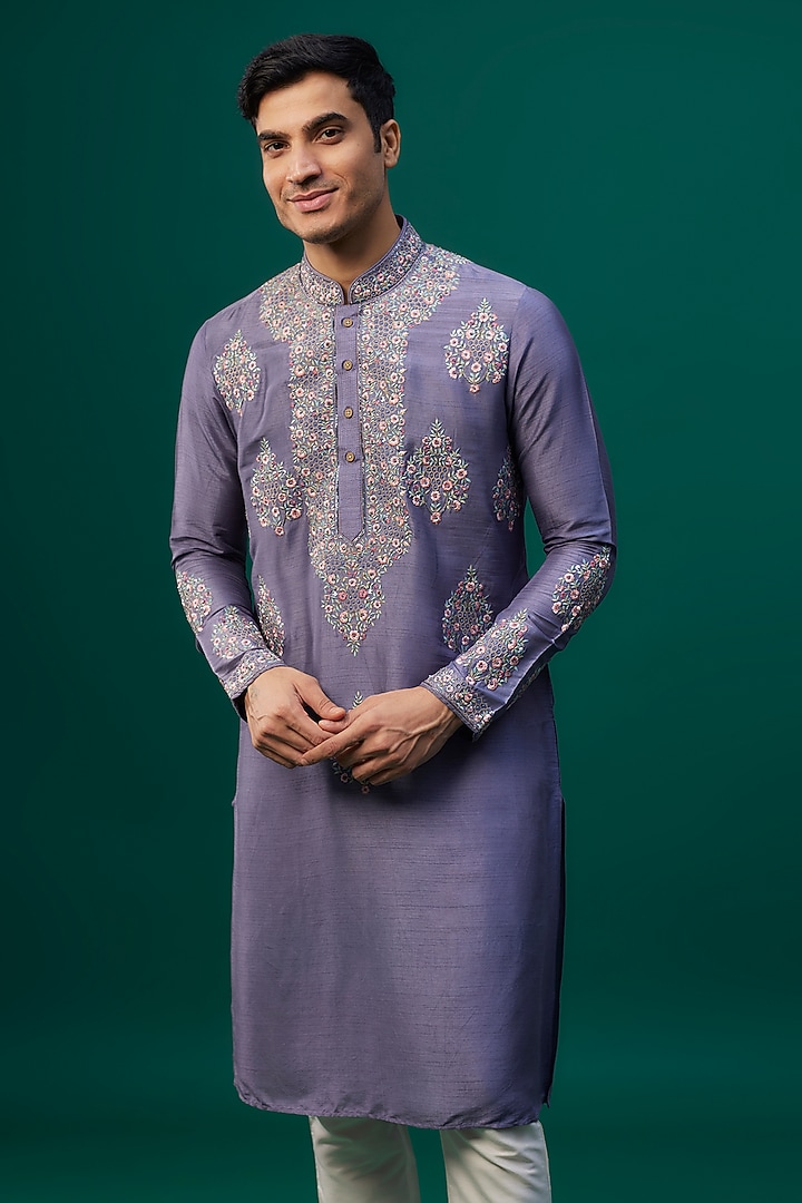 Grey Tussar Resham Hand & Machine Embroidered Kurta Set by SAMMOHAN at Pernia's Pop Up Shop