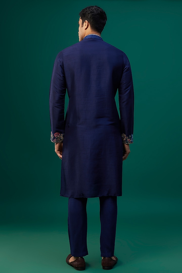 Navy Blue Tussar Resham Hand & Machine Embroidered Kurta Set by SAMMOHAN at Pernia's Pop Up Shop