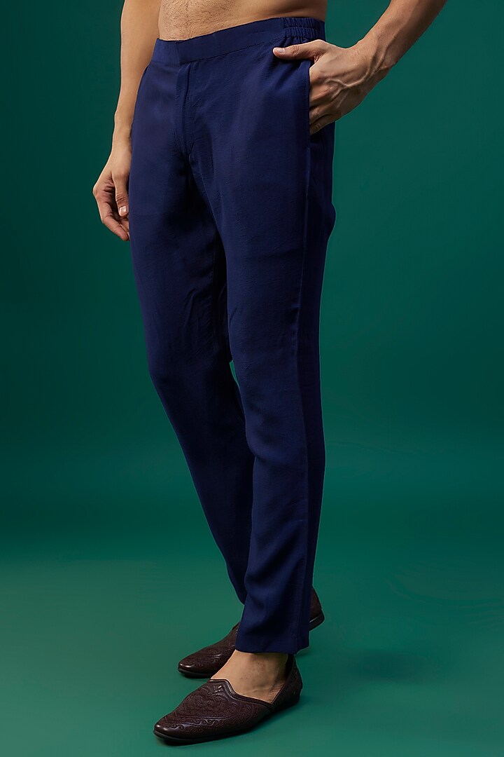 Navy Blue Tussar Resham Hand & Machine Embroidered Kurta Set by SAMMOHAN at Pernia's Pop Up Shop