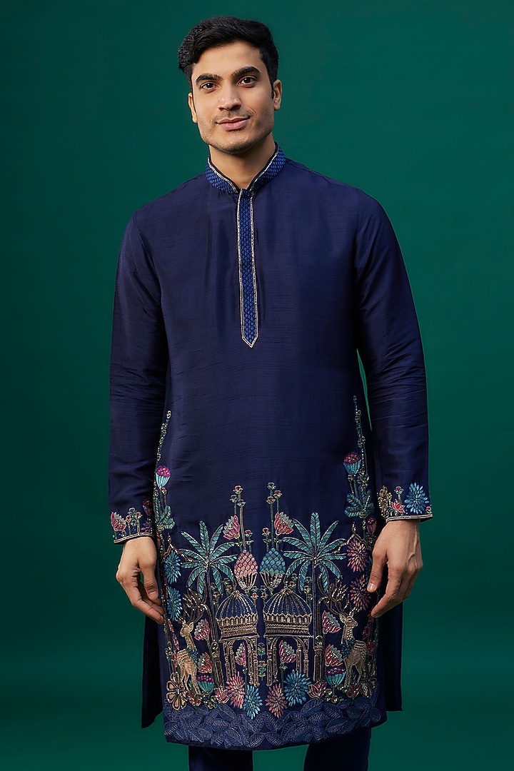 Navy Blue Tussar Resham Hand & Machine Embroidered Kurta Set by SAMMOHAN at Pernia's Pop Up Shop