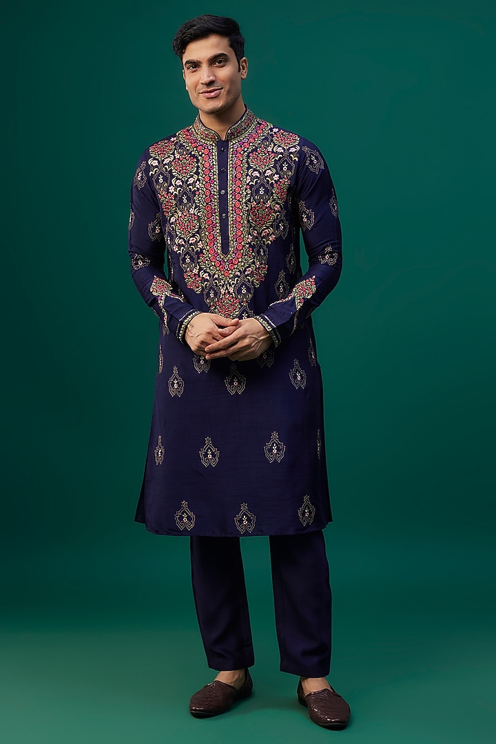 Navy Blue Tussar Resham Hand & Machine Embroidered Kurta Set by SAMMOHAN at Pernia's Pop Up Shop