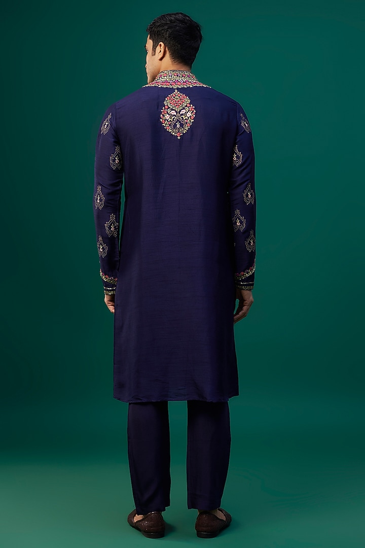 Navy Blue Tussar Resham Hand & Machine Embroidered Kurta Set by SAMMOHAN at Pernia's Pop Up Shop
