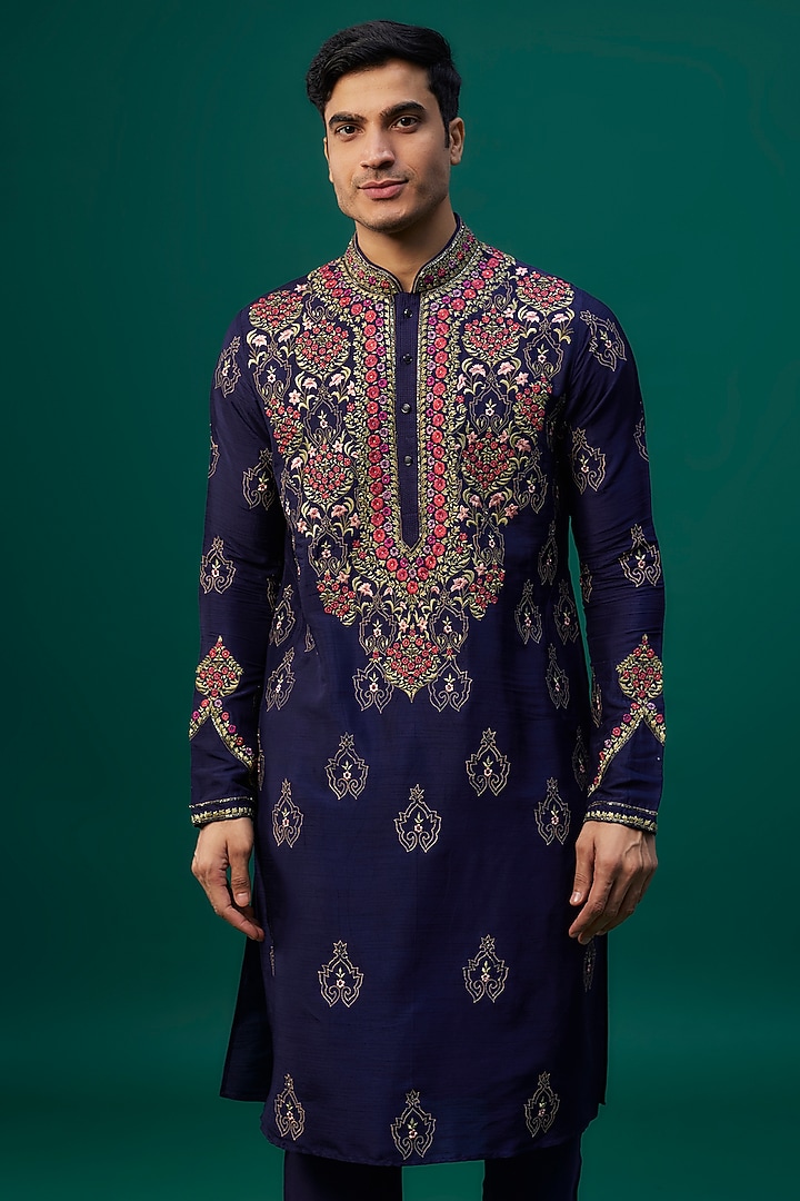 Navy Blue Tussar Resham Hand & Machine Embroidered Kurta Set by SAMMOHAN at Pernia's Pop Up Shop
