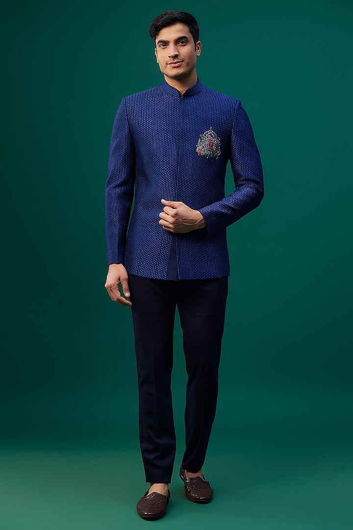 Navy Blue Raw Silk Resham Hand & Machine Embroidered Wedding Bandhgala Set by SAMMOHAN at Pernia's Pop Up Shop