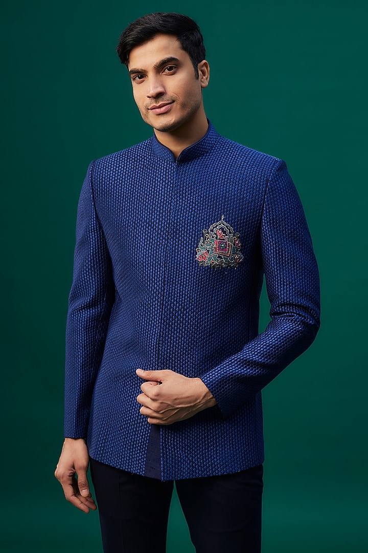 Navy Blue Raw Silk Resham Hand & Machine Embroidered Wedding Bandhgala Set by SAMMOHAN at Pernia's Pop Up Shop