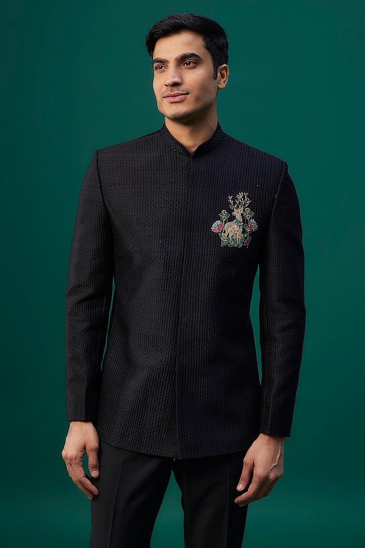 Black Raw Silk Resham Hand & Machine Embroidered Wedding Bandhgala Set by SAMMOHAN at Pernia's Pop Up Shop