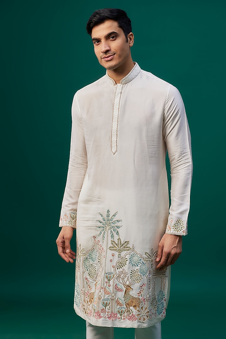 Ivory Tussar Resham Hand & Machine Embroidered Kurta Set by SAMMOHAN at Pernia's Pop Up Shop