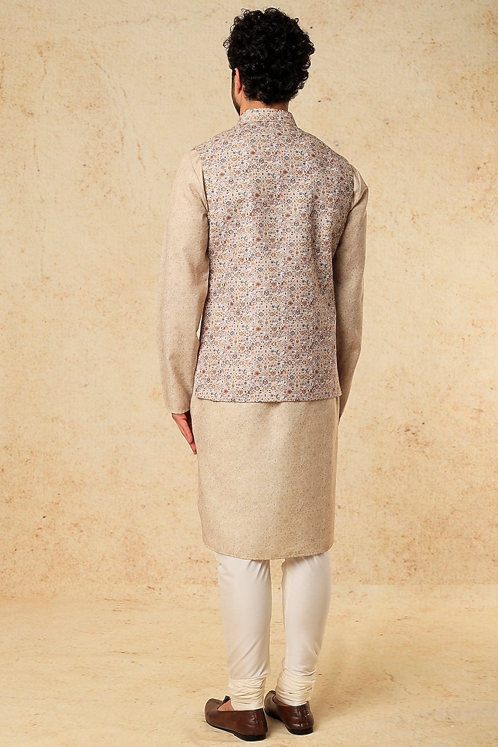 Beige Viscose Silk DIgital Printed Nehru Jacket Set by ALOUKIK at Pernia's Pop Up Shop