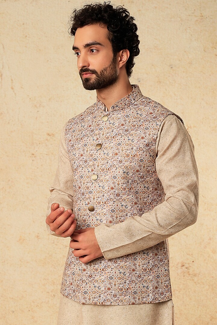 Beige Viscose Silk DIgital Printed Nehru Jacket Set by ALOUKIK at Pernia's Pop Up Shop