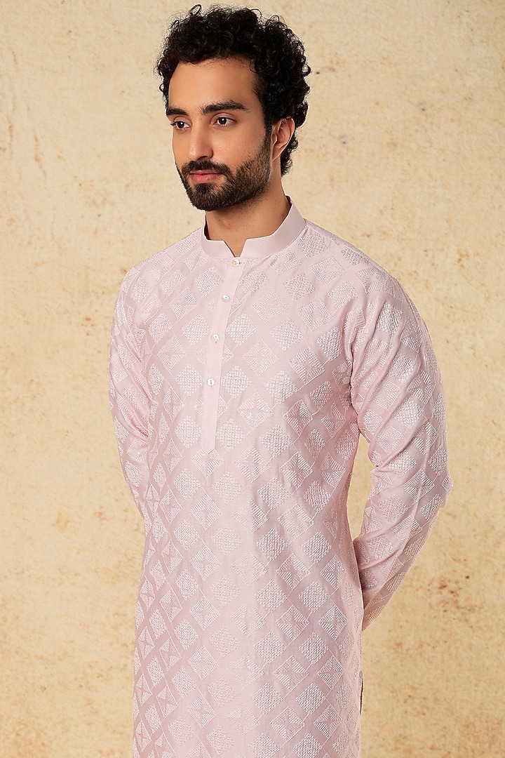 Powder Pink Embroidered Kurta Set by ALOUKIK at Pernia's Pop Up Shop