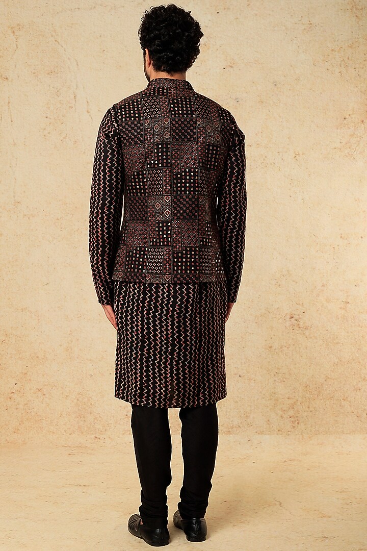 Black Viscose Silk DIgital Printed Nehru Jacket Set by ALOUKIK at Pernia's Pop Up Shop