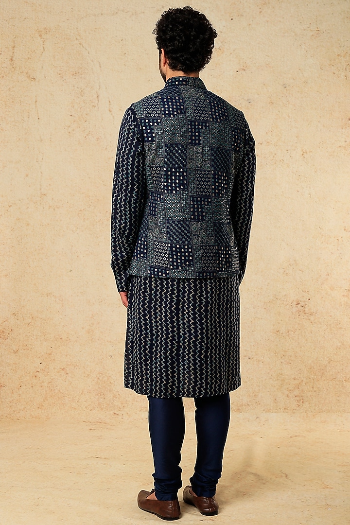 Blue Viscose Silk DIgital Printed Nehru Jacket Set by ALOUKIK at Pernia's Pop Up Shop