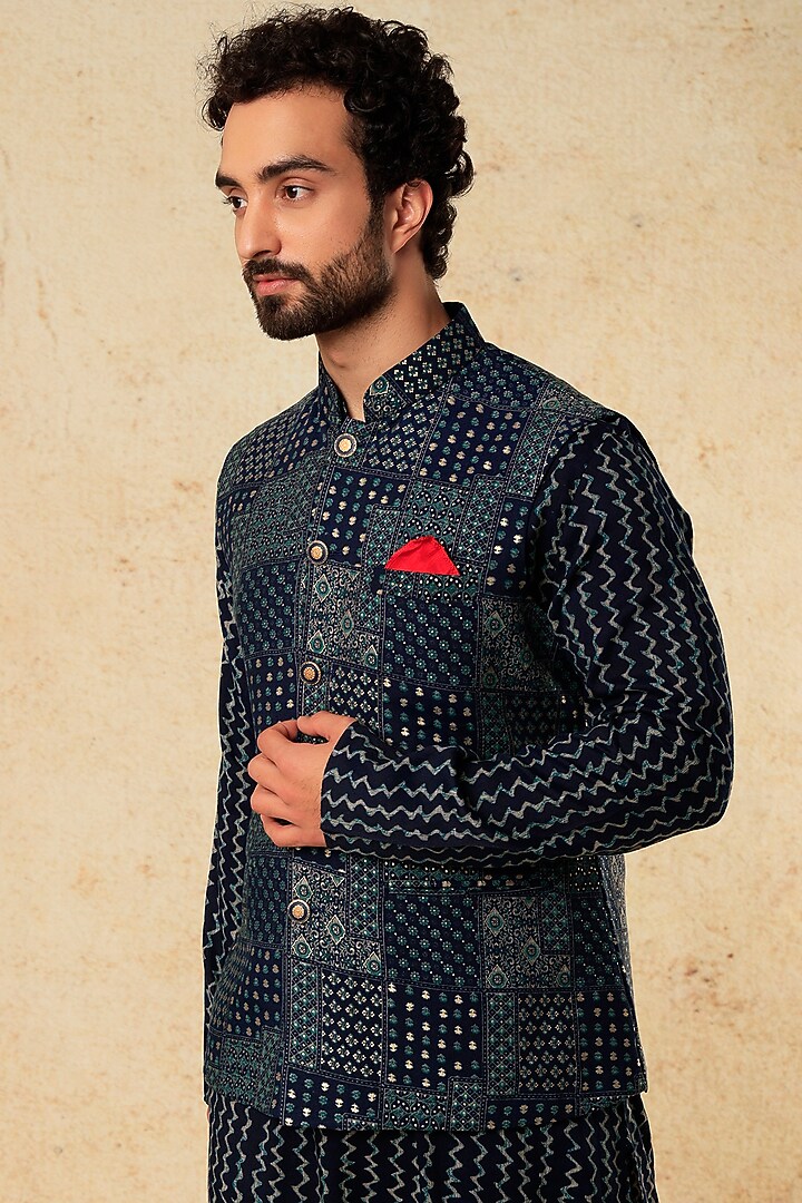 Blue Viscose Silk DIgital Printed Nehru Jacket Set by ALOUKIK at Pernia's Pop Up Shop