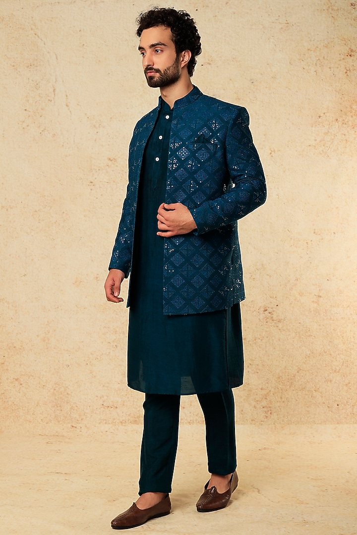 Turquoise Viscose Silk Embroidered Bundi Jacket Set by ALOUKIK at Pernia's Pop Up Shop