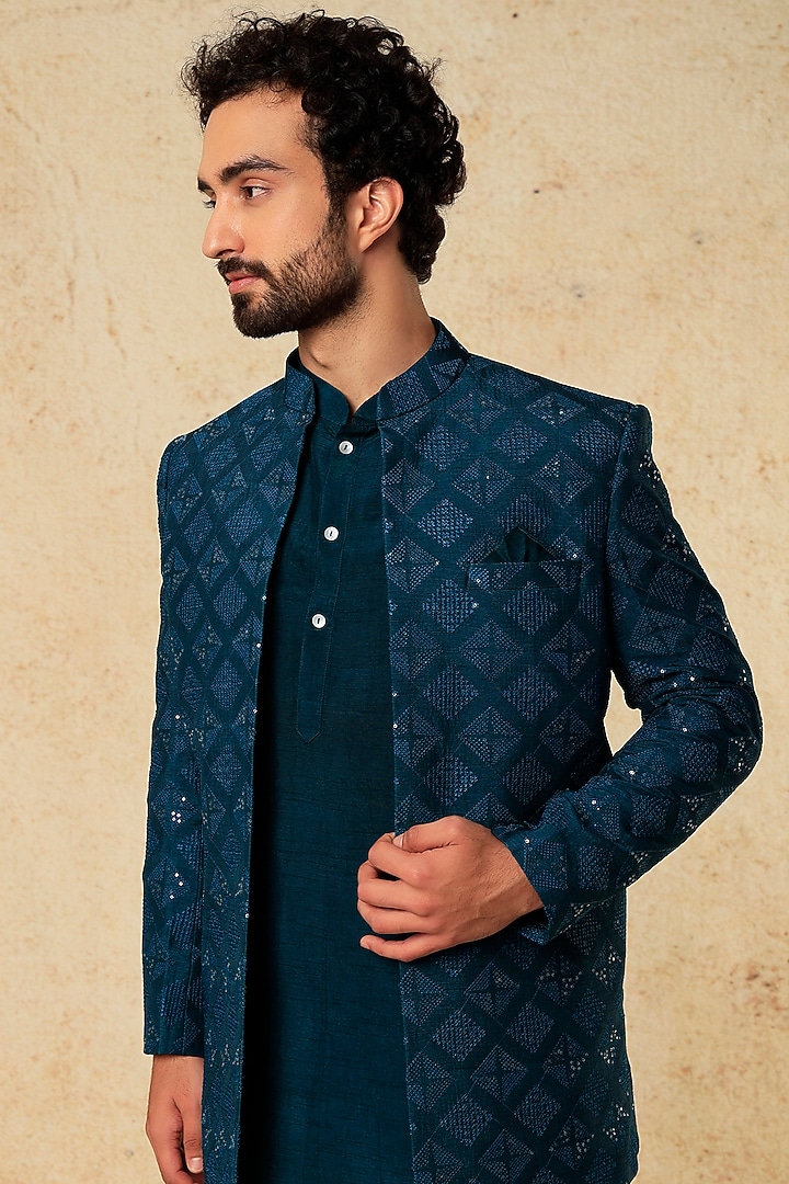 Turquoise Viscose Silk Embroidered Bundi Jacket Set by ALOUKIK at Pernia's Pop Up Shop