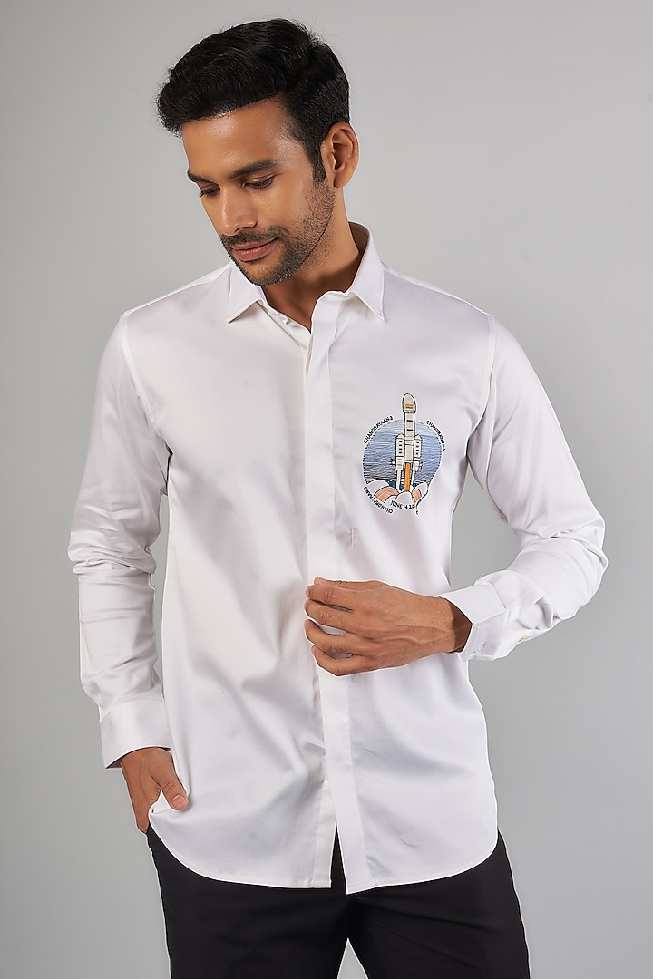 White Cotton & Lycra Handcrafted Aari Embroidered Shirt by SAMMOHAN