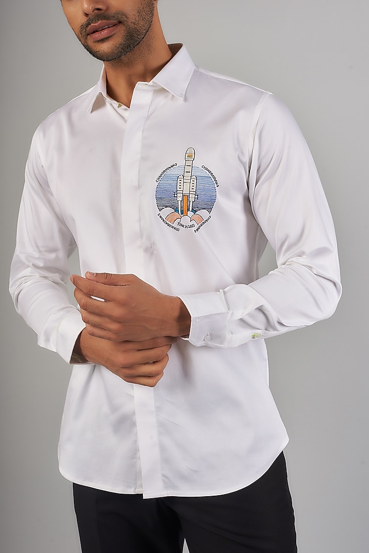 White Cotton & Lycra Handcrafted Aari Embroidered Party Wear Shirt by SAMMOHAN at Pernia's Pop Up Shop
