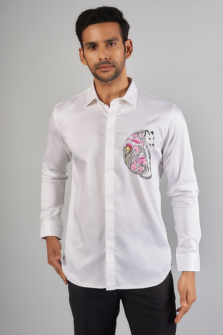 White Cotton & Lycra Handcrafted Aari Embroidered Shirt by SAMMOHAN