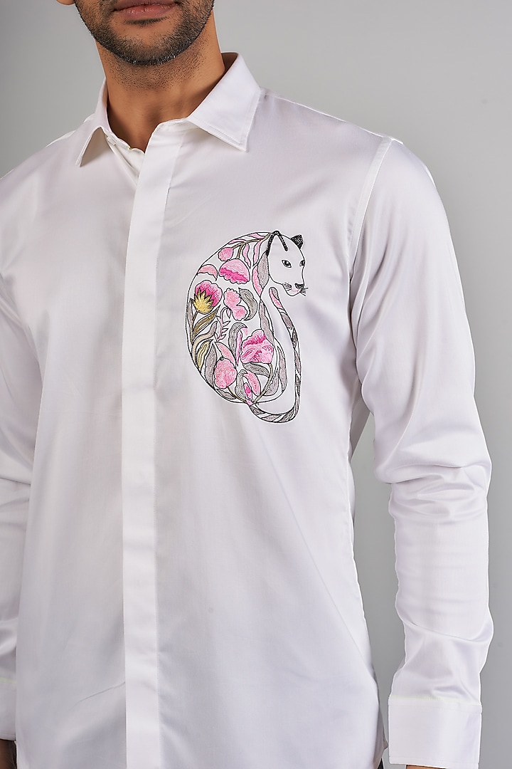 White Cotton & Lycra Handcrafted Aari Embroidered Party Wear Shirt by SAMMOHAN at Pernia's Pop Up Shop