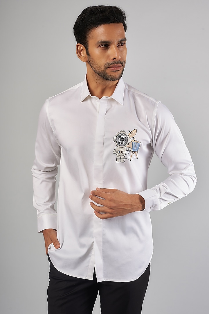 White Cotton & Lycra Handcrafted Aari Embroidered Shirt by SAMMOHAN