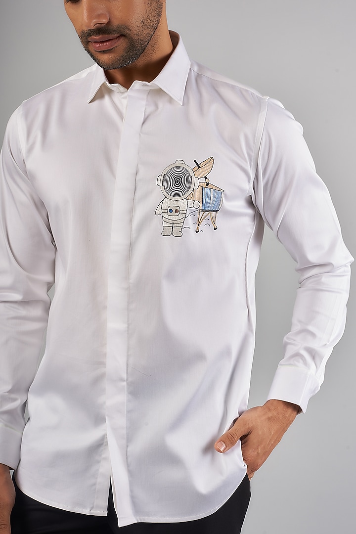 White Cotton & Lycra Handcrafted Aari Embroidered Party Wear Shirt by SAMMOHAN at Pernia's Pop Up Shop