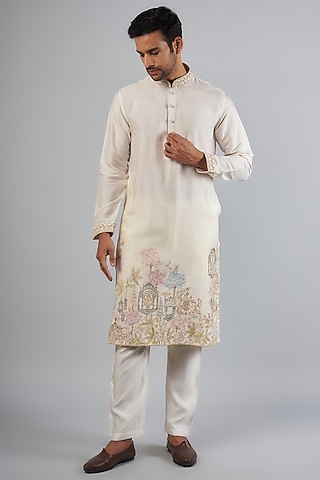 Ivory Tussar Thread Embroidered Kurta Set by SAMMOHAN