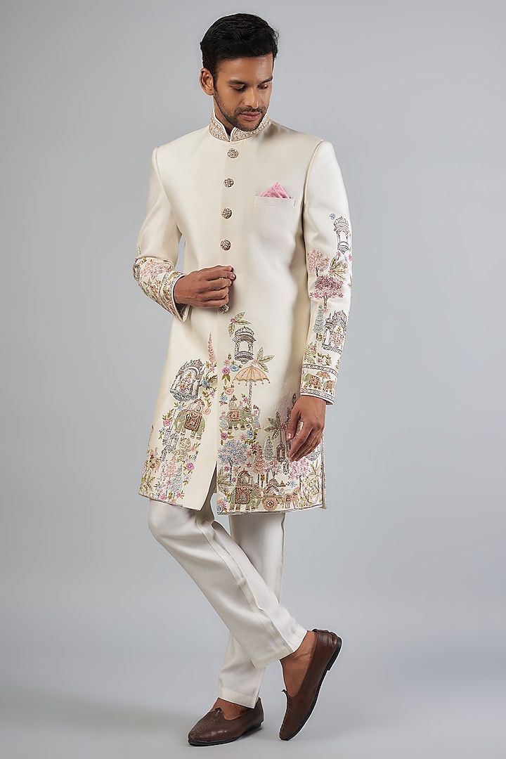 Ivory Tussar Resham Embroidered Sherwani Set by SAMMOHAN