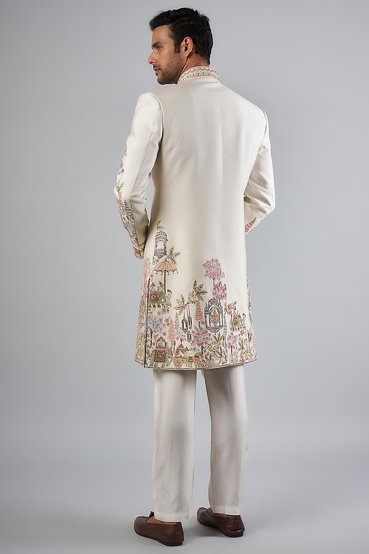Ivory Tussar Resham Embroidered Groom Sherwani Set by SAMMOHAN at Pernia's Pop Up Shop