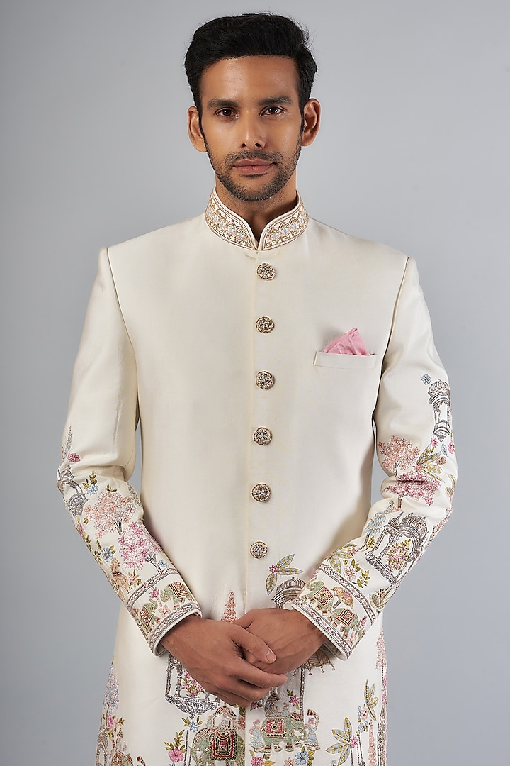 Ivory Tussar Resham Embroidered Groom Sherwani Set by SAMMOHAN at Pernia's Pop Up Shop